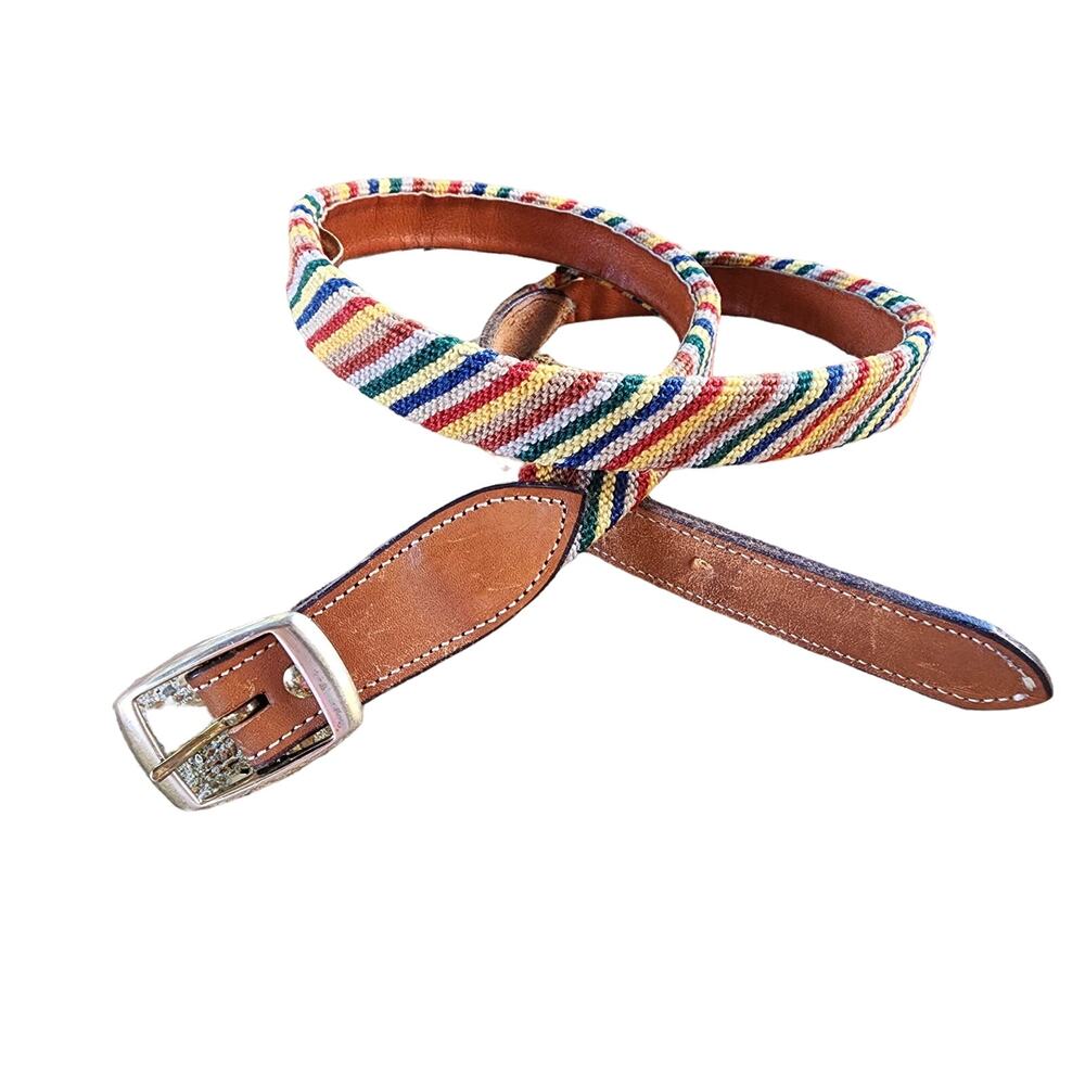 VTG 80s Leather Striped Tapestry Belt Small Unisex Retro Boho Western Festival - Picture 10 of 11
